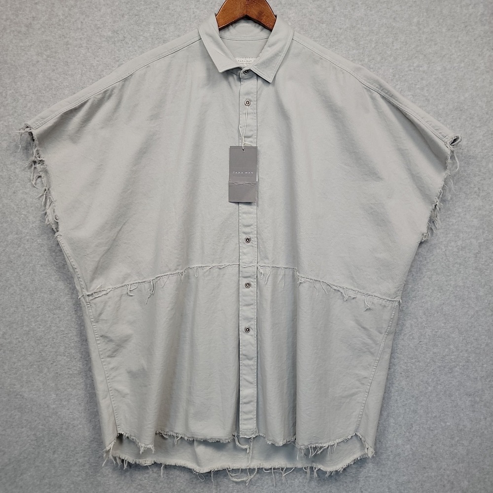 NEW ZARA Man Denim Shirt XL Distressed Overshirt Button Up Short Sleeve Cotton